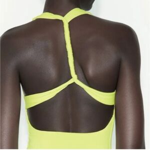 Zara NWT Bodysuit Twist Knotted Back Size S Yellow Green Neon Bright